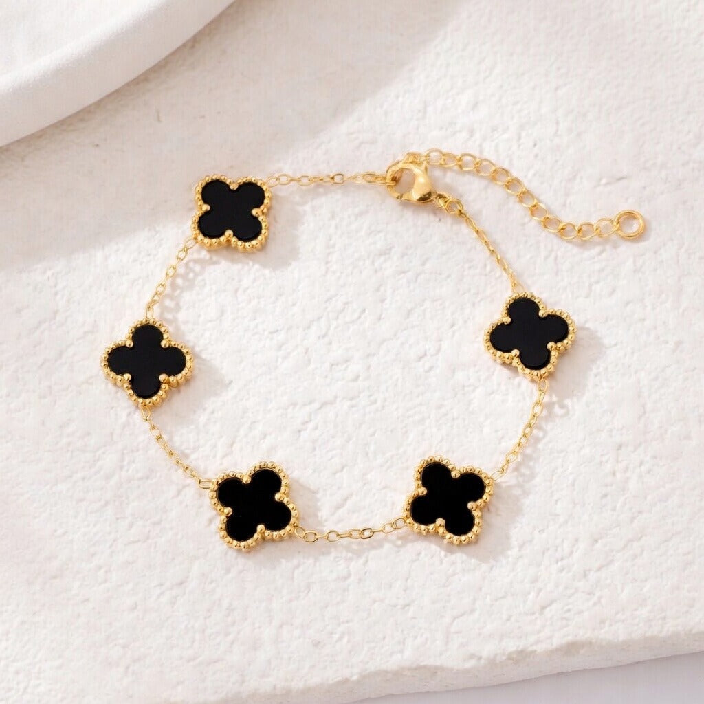 14K Gold Clover Bracelets for Women - Flower Four Leaf Clover Bracelet - Mother of Pearl & Onyx Gemstone Lucky Flower Design - Adjustable