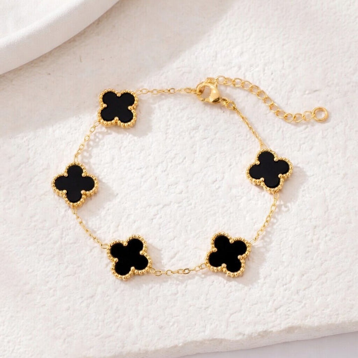 14K Gold Clover Bracelets for Women - Flower Four Leaf Clover Bracelet - Mother of Pearl & Onyx Gemstone Lucky Flower Design - Adjustable
