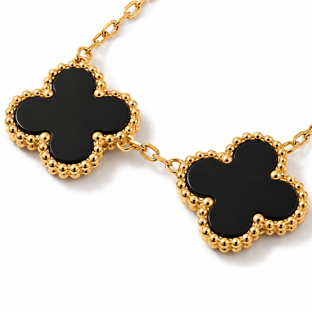 14K Gold Clover Bracelets for Women - Flower Four Leaf Clover Bracelet - Mother of Pearl & Onyx Gemstone Lucky Flower Design - Adjustable