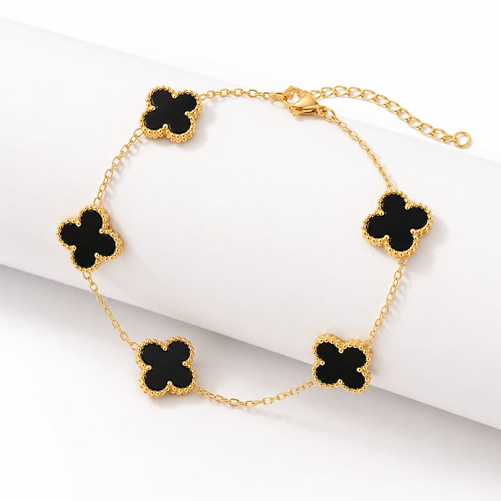 14K Gold Clover Bracelets for Women - Flower Four Leaf Clover Bracelet - Mother of Pearl & Onyx Gemstone Lucky Flower Design - Adjustable