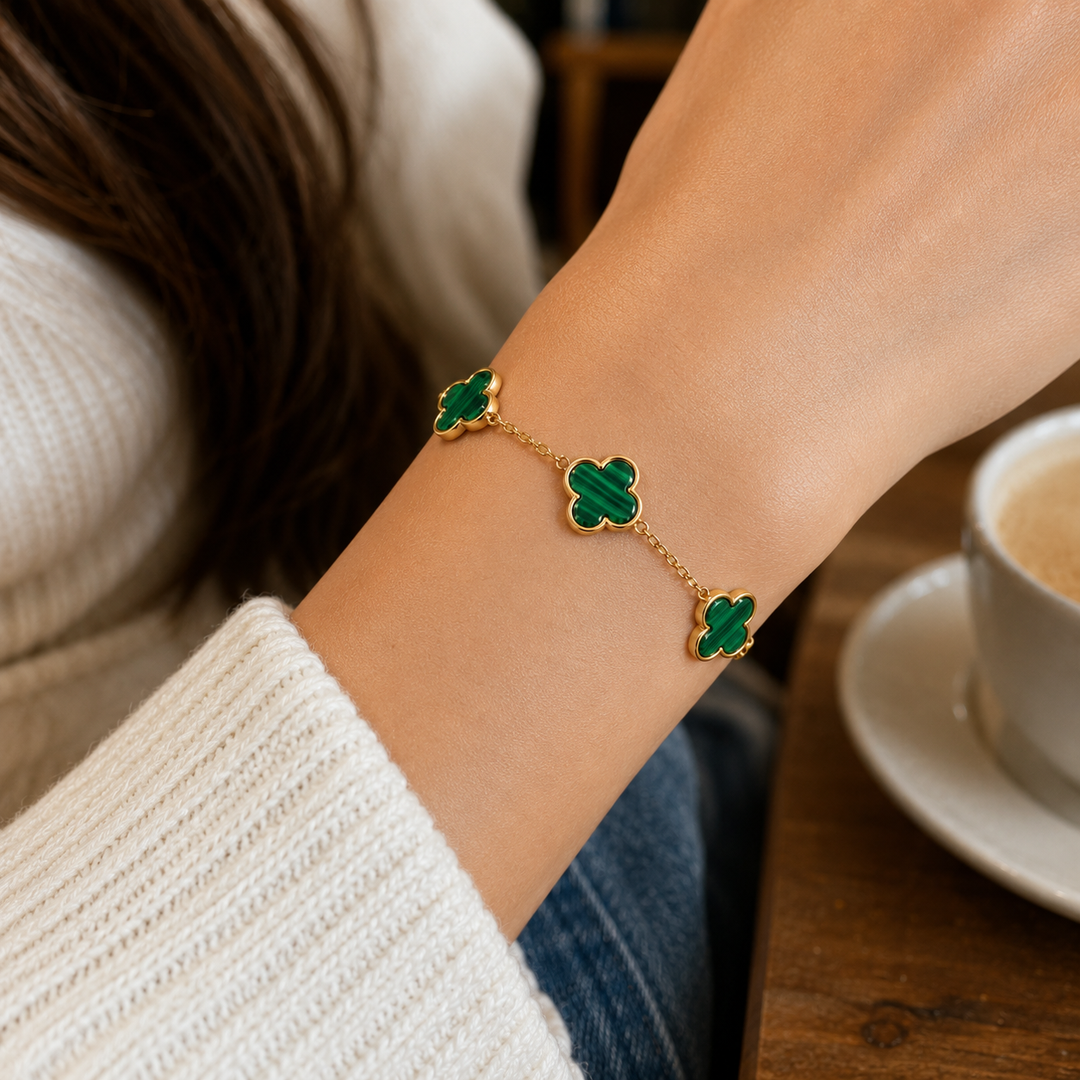 14K Gold Clover Bracelets for Women - Flower Four Leaf Clover Bracelet - Lucky Flower Design - Multiple Gemstone Options Adjustable