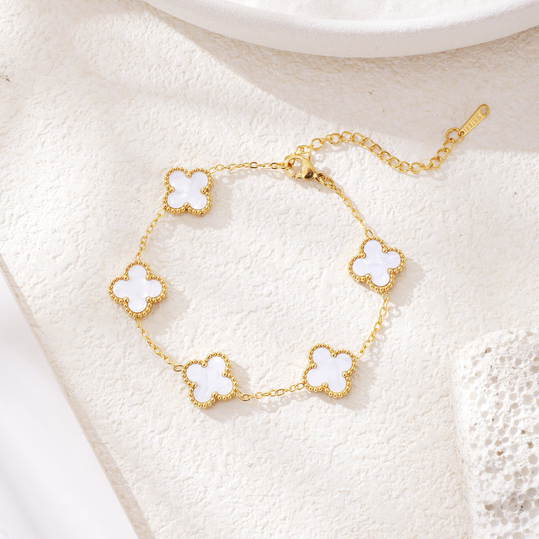 14K Gold Clover Bracelets for Women - Flower Four Leaf Clover Bracelet - Mother of Pearl & Onyx Gemstone Lucky Flower Design - Adjustable