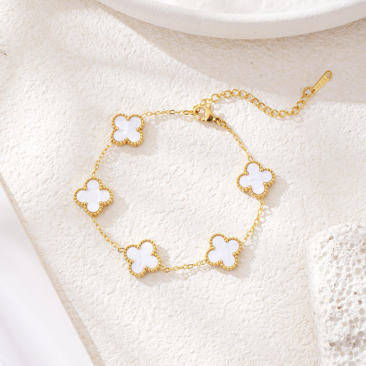 14K Gold Clover Bracelets for Women - Flower Four Leaf Clover Bracelet - Mother of Pearl & Onyx Gemstone Lucky Flower Design - Adjustable