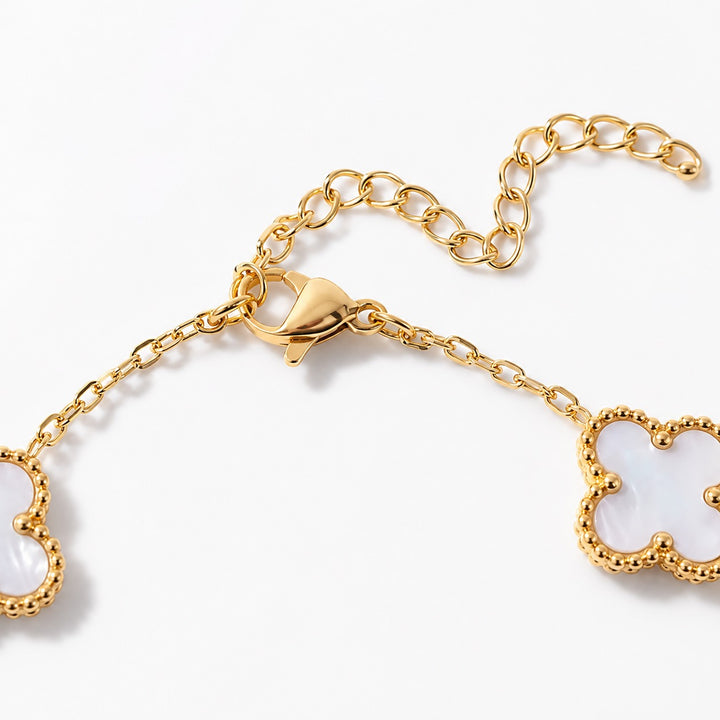 14K Gold Clover Bracelets for Women - Flower Four Leaf Clover Bracelet - Mother of Pearl & Onyx Gemstone Lucky Flower Design - Adjustable