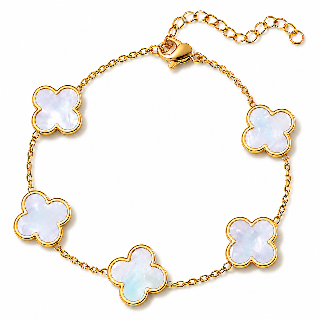 14K Gold Clover Bracelets for Women - Flower Four Leaf Clover Bracelet - Mother of Pearl & Onyx Gemstone Lucky Flower Design - Adjustable