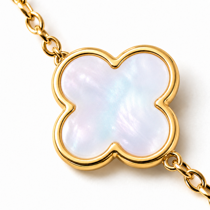 14K Gold Clover Bracelets for Women - Flower Four Leaf Clover Bracelet - Mother of Pearl & Onyx Gemstone Lucky Flower Design - Adjustable