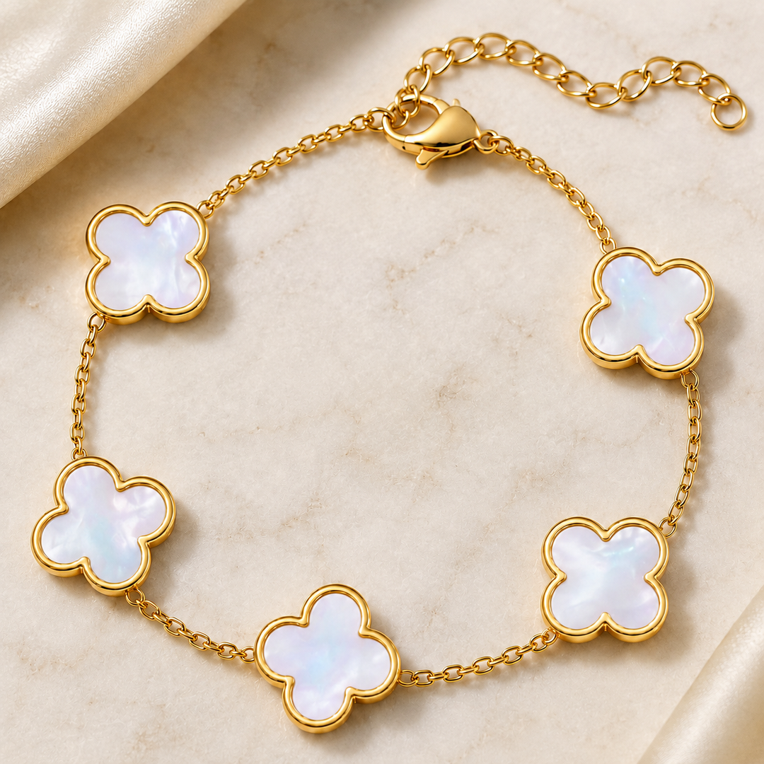 14K Gold Clover Bracelets for Women - Flower Four Leaf Clover Bracelet - Mother of Pearl & Onyx Gemstone Lucky Flower Design - Adjustable