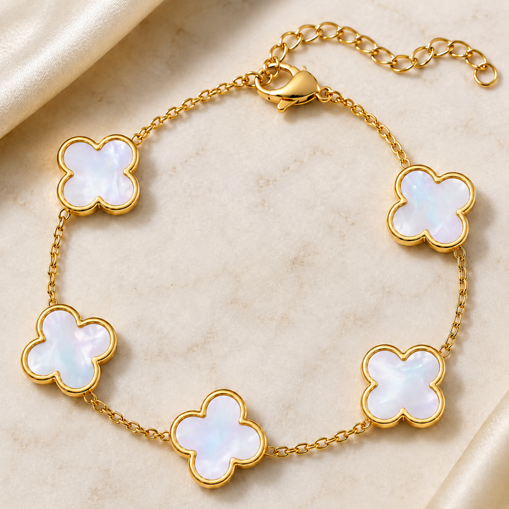 14K Gold Clover Bracelets for Women - Flower Four Leaf Clover Bracelet - Mother of Pearl & Onyx Gemstone Lucky Flower Design - Adjustable