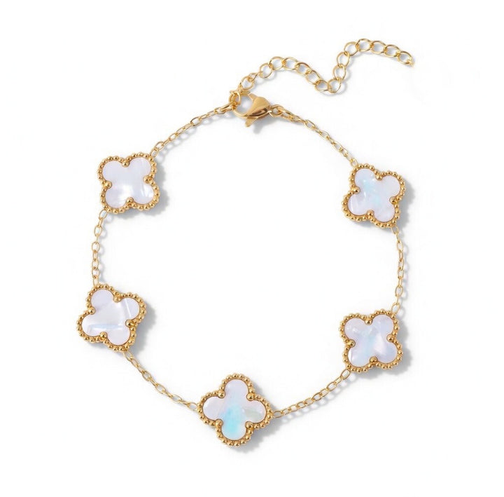 14K Gold Clover Bracelets for Women - Flower Four Leaf Clover Bracelet - Mother of Pearl & Onyx Gemstone Lucky Flower Design - Adjustable