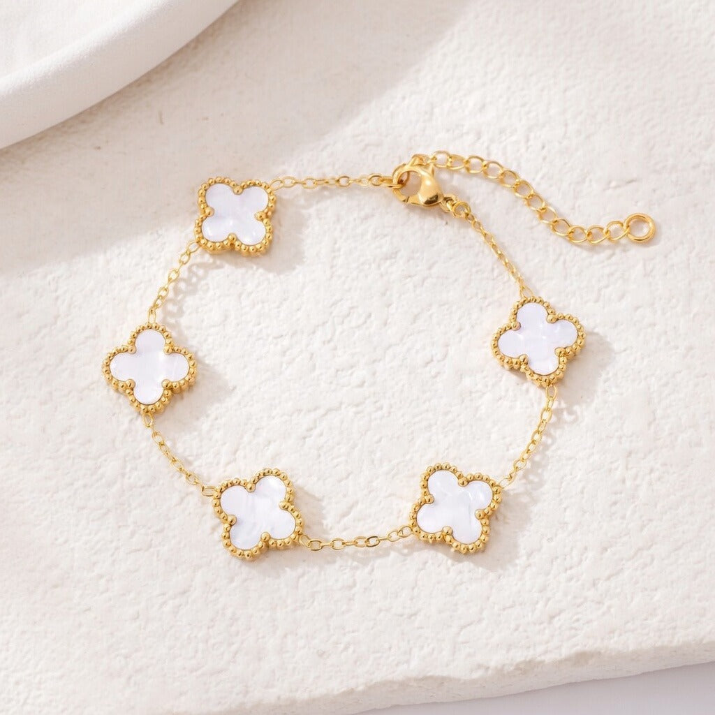 14K Gold Clover Bracelets for Women - Flower Four Leaf Clover Bracelet - Mother of Pearl & Onyx Gemstone Lucky Flower Design - Adjustable