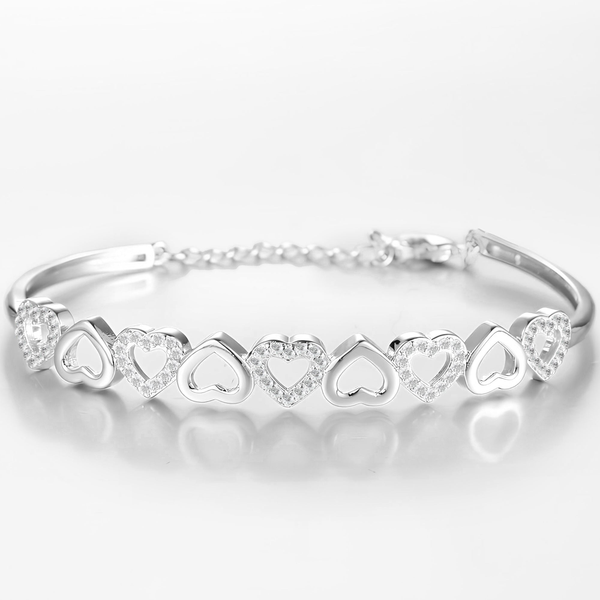 14K White Gold Hearts Bangle Adjustable Bracelet with