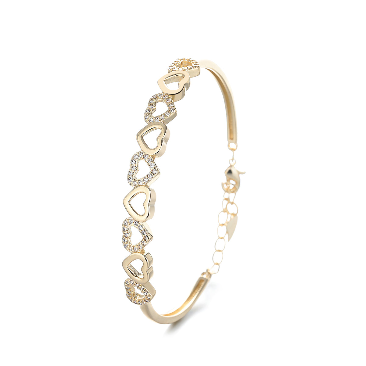 14K White Gold Hearts Bangle Adjustable Bracelet with