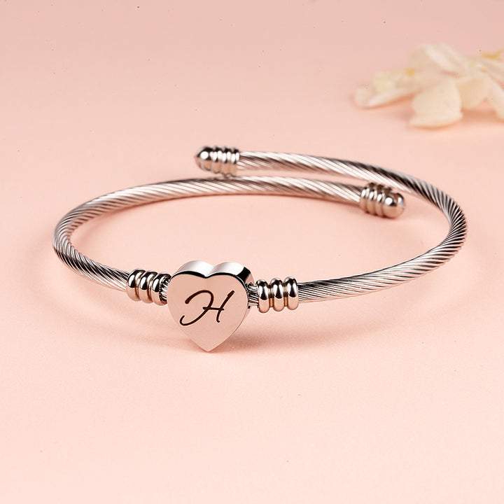 Twisted Steel Heart Cable Initial Bracelet