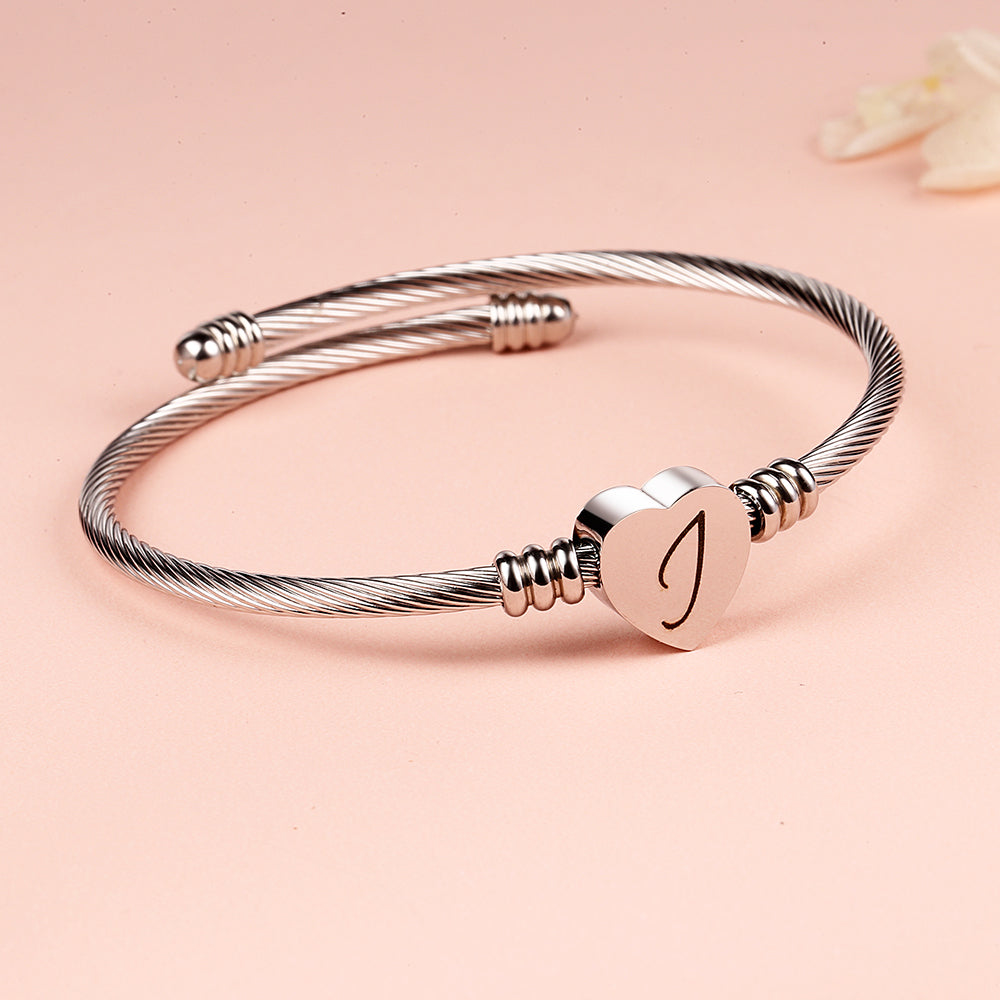 Twisted Steel Heart Cable Initial Bracelet