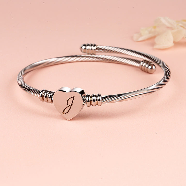 Twisted Steel Heart Cable Initial Bracelet