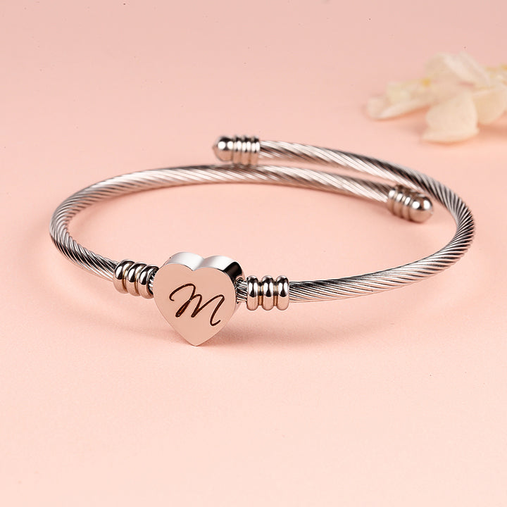 Twisted Steel Heart Cable Initial Bracelet