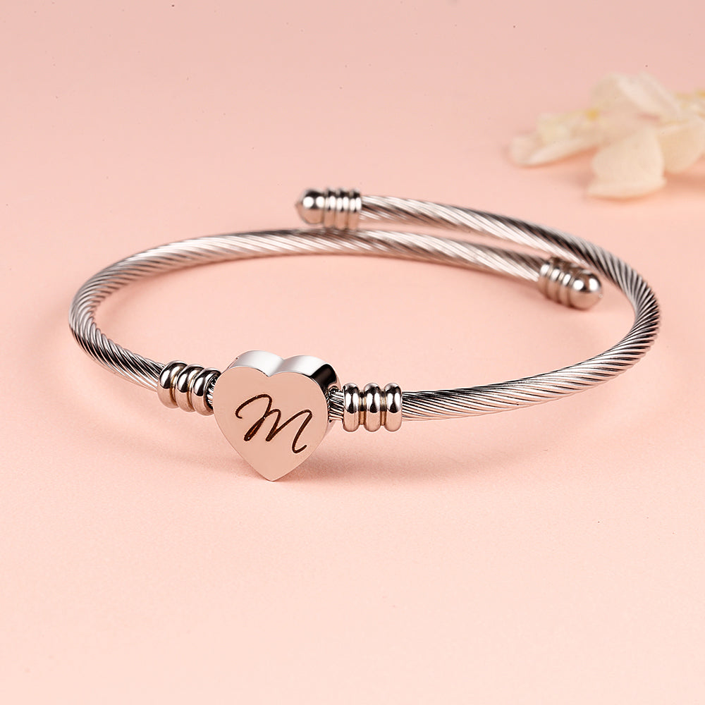 Twisted Steel Heart Cable Initial Bracelet