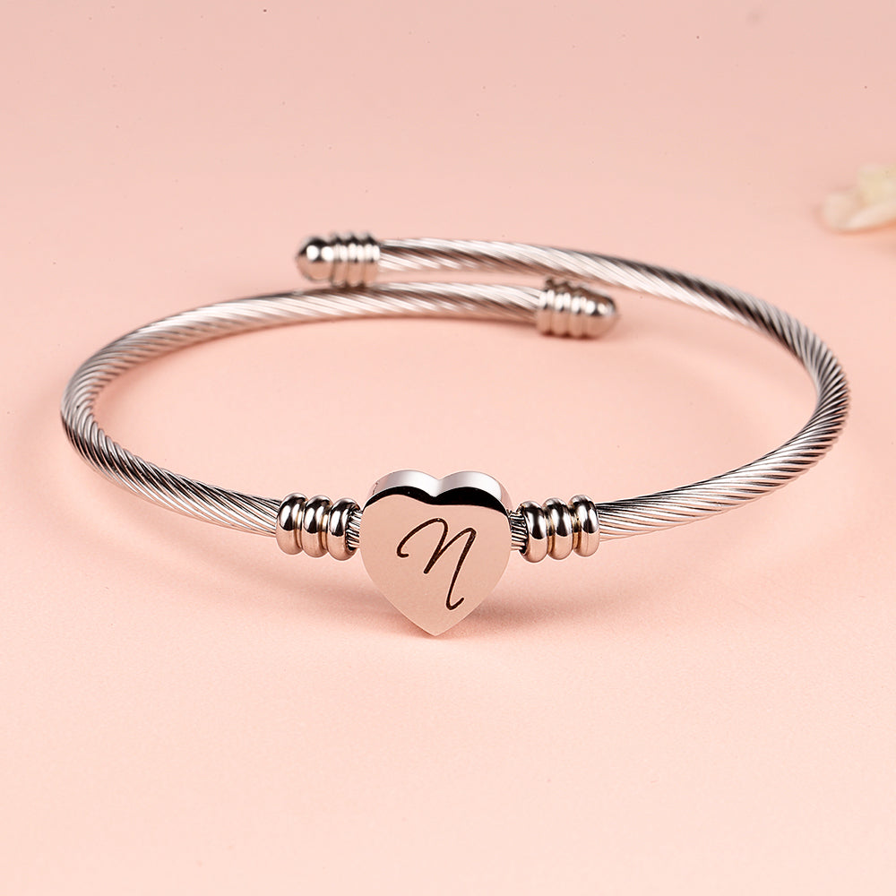 Twisted Steel Heart Cable Initial Bracelet