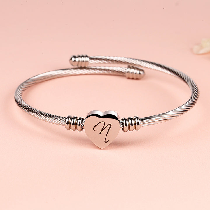 Twisted Steel Heart Cable Initial Bracelet