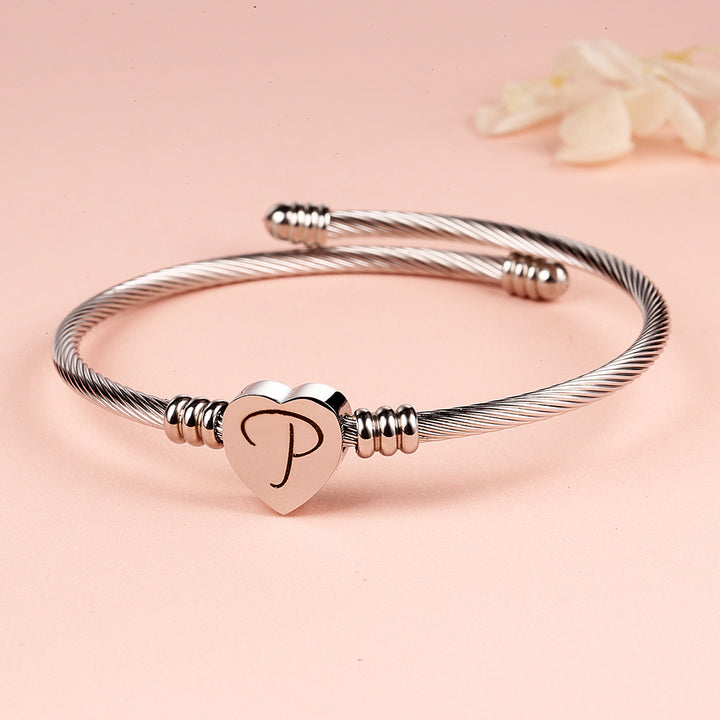 Twisted Steel Heart Cable Initial Bracelet