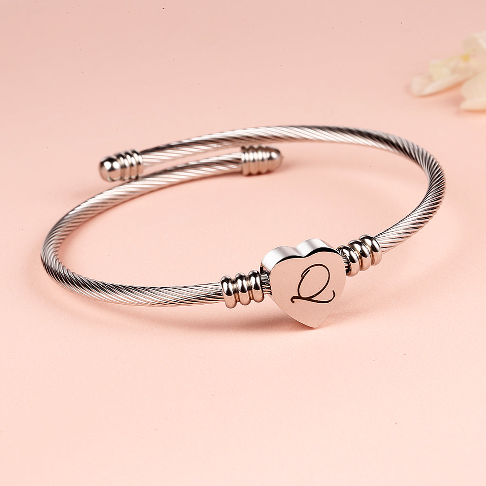 Twisted Steel Heart Cable Initial Bracelet