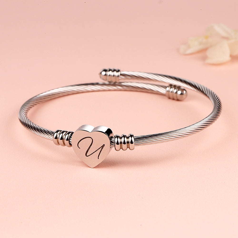 Twisted Steel Heart Cable Initial Bracelet