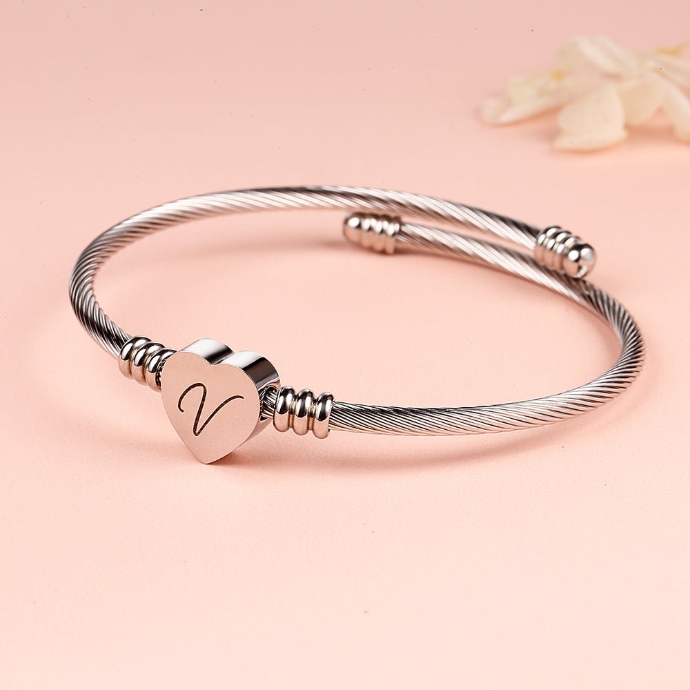 Twisted Steel Heart Cable Initial Bracelet