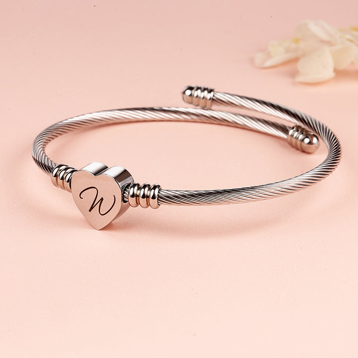 Twisted Steel Heart Cable Initial Bracelet