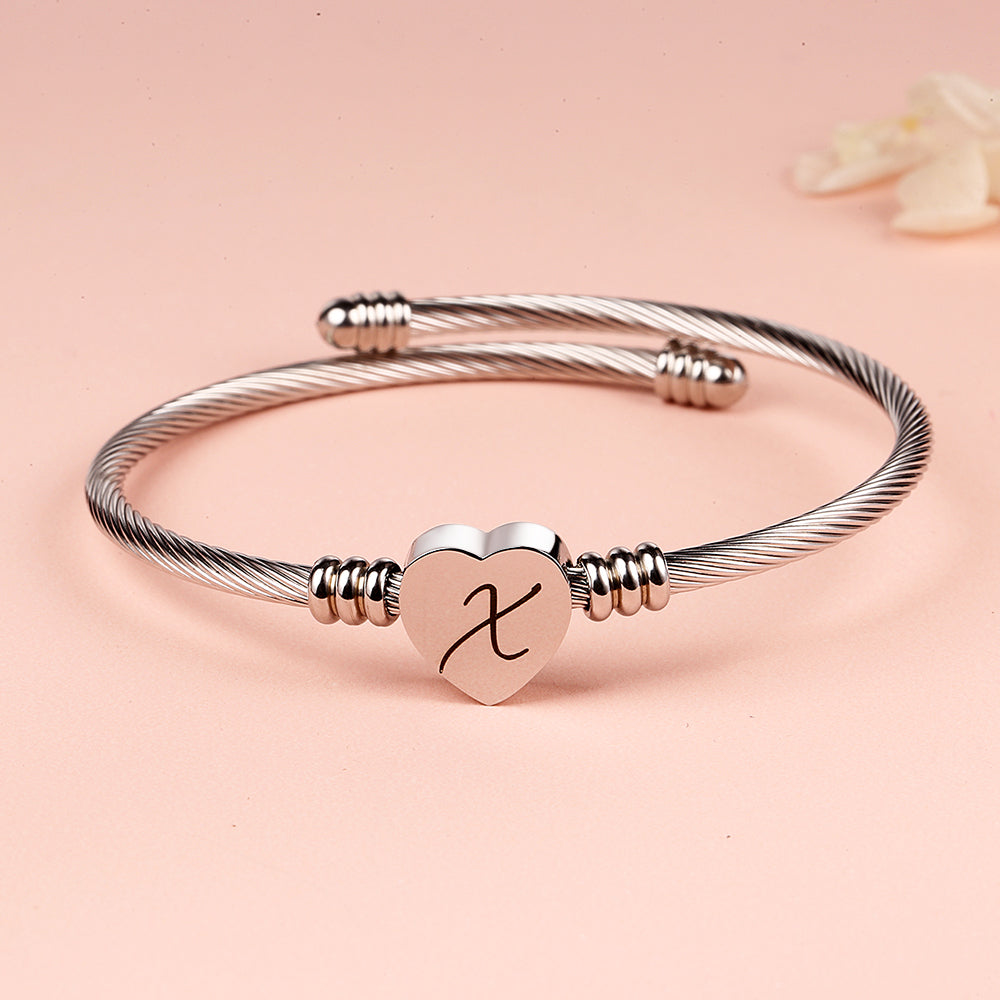 Twisted Steel Heart Cable Initial Bracelet