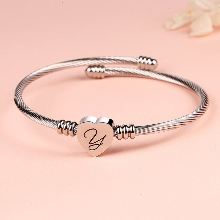 Twisted Steel Heart Cable Initial Bracelet