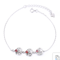 14K White Gold Paw Print Hearts with Lab Created Garnet Gemstones (Animal Lovers) Bracelet