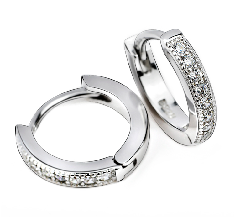 14 K Gold And Sterling Silver & Genuine Crystal Huggie Hoop Earring