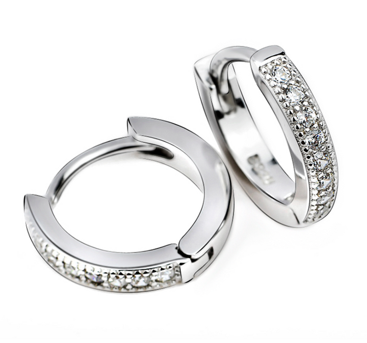 14 K Gold And Sterling Silver & Genuine Crystal Huggie Hoop Earring