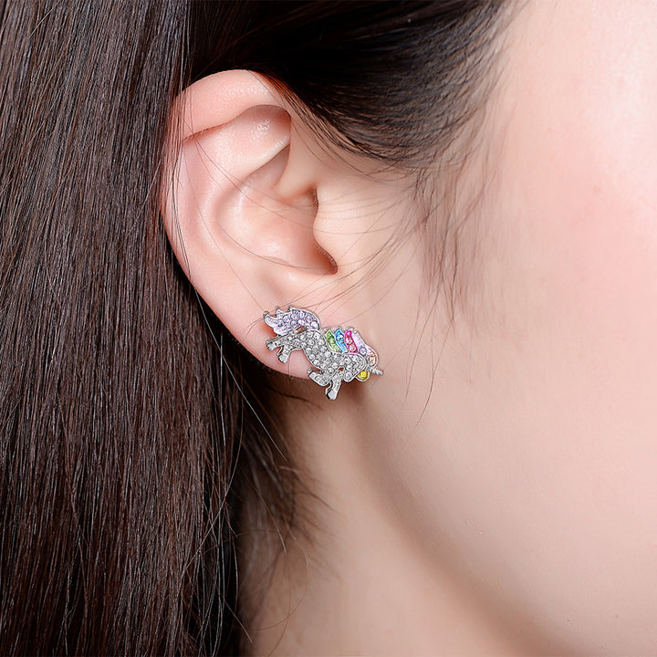 18k White Gold Multi-Colored Unicorn Stud Earrings