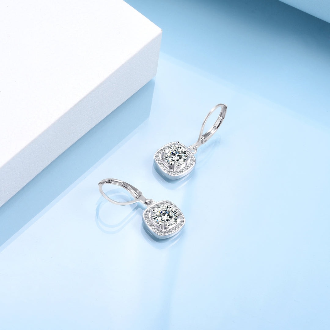 18K Gold Square Halo Leaver-back Drop Earrings