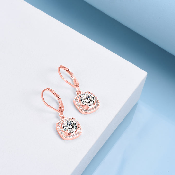 18K Gold Square Halo Leaver-back Drop Earrings