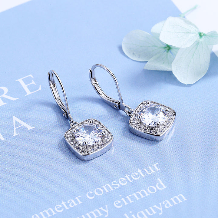 18K Gold Square Halo Leaver-back Drop Earrings