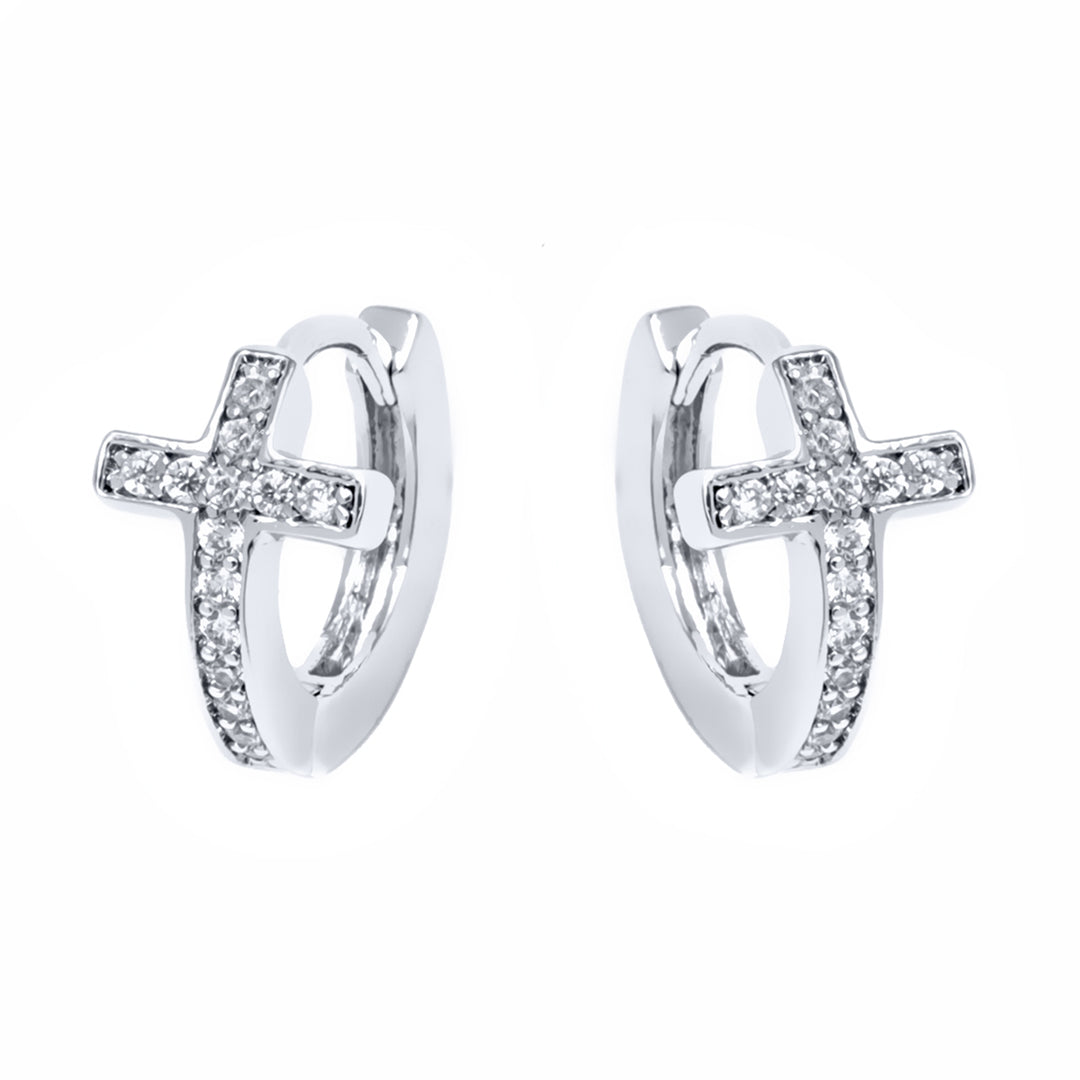 Sterling Silver Cross Huggie Earring with Genuine Crystals
