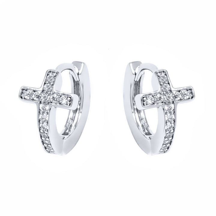 Sterling Silver Cross Huggie Earring with Genuine Crystals
