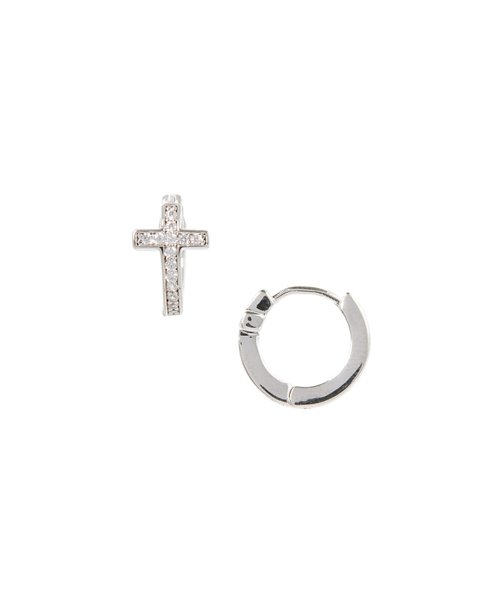 Sterling Silver Cross Huggie Earring with Genuine Crystals