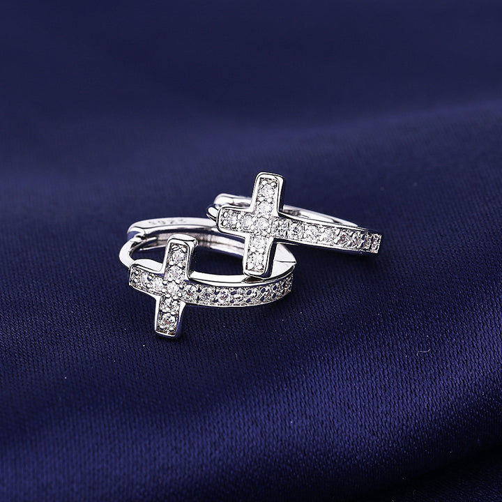 Sterling Silver Cross Huggie Earring with Genuine Crystals