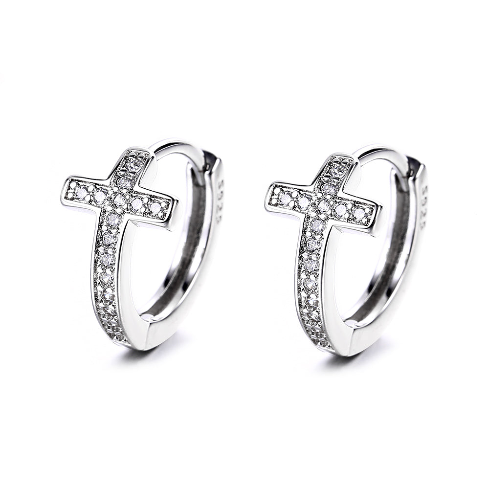 Sterling Silver Cross Huggie Earring with Genuine Crystals