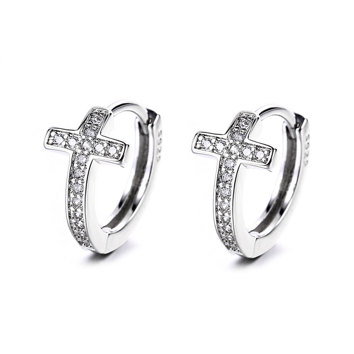 Sterling Silver Cross Huggie Earring with Genuine Crystals