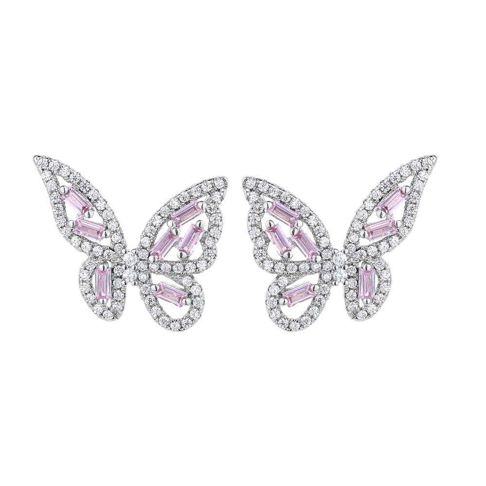 Sterling Silver Round and Baguette Butterfly Earrings with Crystals