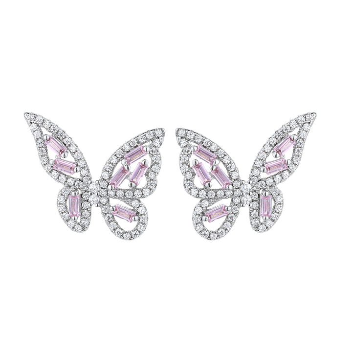 Sterling Silver Round and Baguette Butterfly Earrings with Crystals