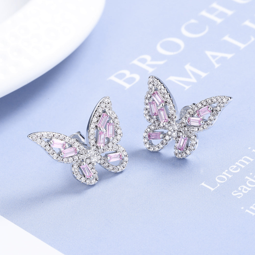 Sterling Silver Round and Baguette Butterfly Earrings with Crystals