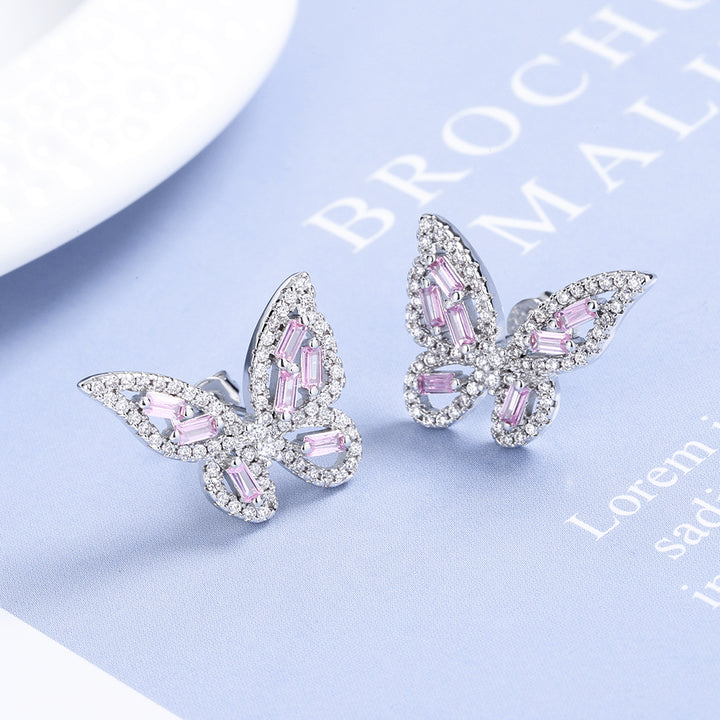 Sterling Silver Round and Baguette Butterfly Earrings with Crystals