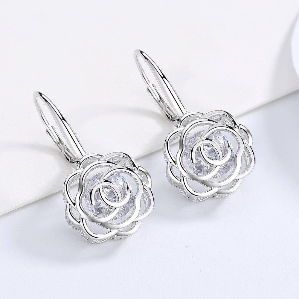 14 K Gold Caged Swarovski Crystal Floating Rose Lever Back Earrings