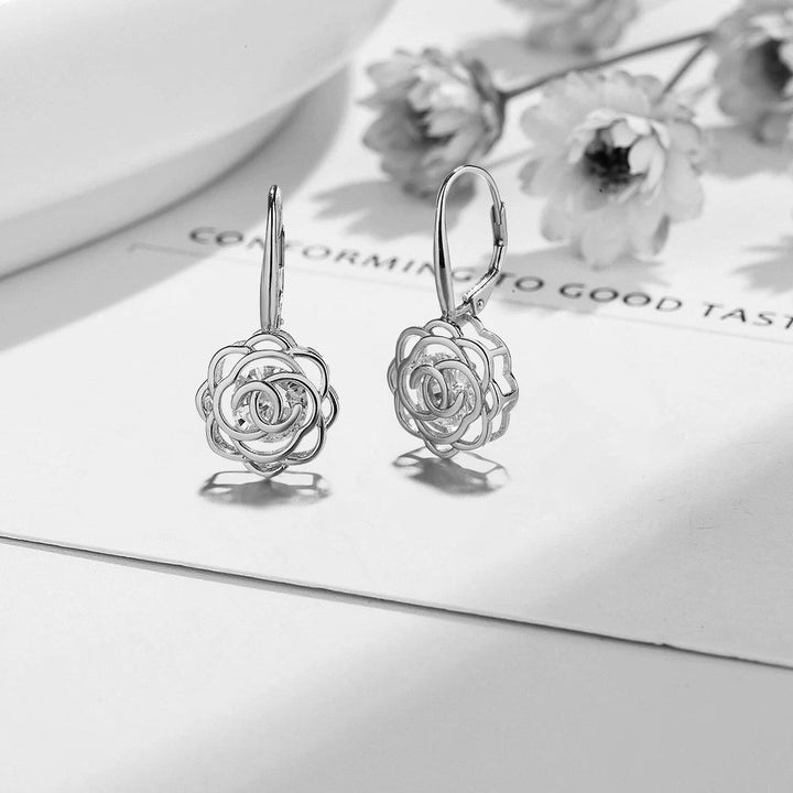 14 K Gold Caged Swarovski Crystal Floating Rose Lever Back Earrings