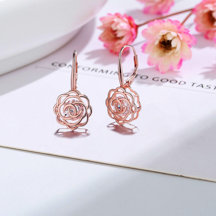 14 K Gold Caged Swarovski Crystal Floating Rose Lever Back Earrings